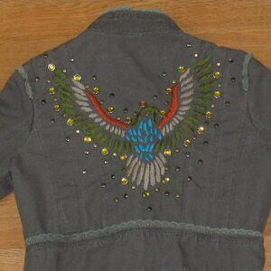 Miss Me Gray Denim Jacket / Embroidered Front and Back / Size Small